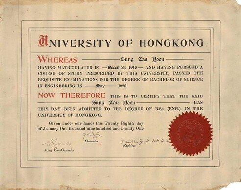 圖為一張於1921年頒發給理科生的畢業證書