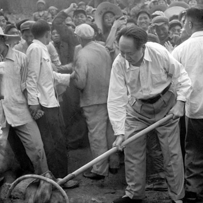 On May 25, 1958 Chairman Mao galvanised the nation by appearing in front of the crowds at the Ming Tomb Reservoir; the original photo also showed Peng Zhen, the mayor of Beijing, but he was later airbrushed out of the picture.
