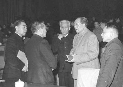 January 1962, from left to right, Zhou Enlai, Chen Yun, Liu Shaoqi, Mao Zedong and Deng Xiaoping at the party conference dubbed the Seven Thousand Cadres Assembly at which Liu openly blamed 'human errors' rather than nature for the famine.