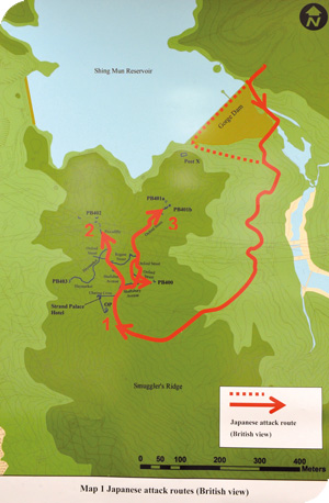 Japanese attack routes at Shing Mun (British view)