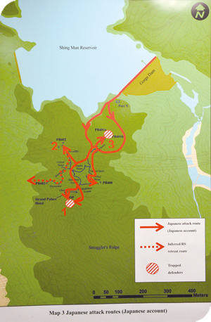 Japanese attack routes at Shing Mun (Japanese account)