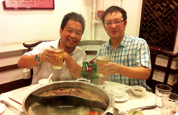 Dr Patrick Toy (left) and Dr Bo Wu enjoy an inspirational Sichuan hotpot dinner