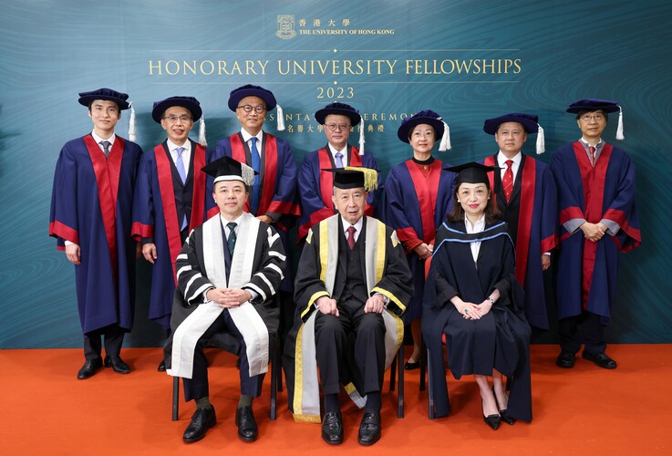 (Back row, left to right): Mr Karson CHOI Ka Tsan, Mr David FONG Man Hung, Professor Keiji FUKUDA, Professor David HUI Shu Cheong, Mrs May TAM MAK Mei Yin, Mr David WONG Ying Kit, Professor YUEN Kwok Yung   (Front row, left to right): Professor Xiang Zhang, Dr the Honourable Sir David Li Kwok Po, Ms Priscilla Wong Pui-sze 