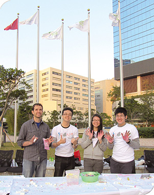 From left: David Bishop, Justen Li [BBA(Law) and LLB graduate], Renata Ng [BBA(Law), Year 1], Timothy Tai [BBA(Law), Year 2] at the Soap Cycling Workshop in Zero Carbon Building Open Day.